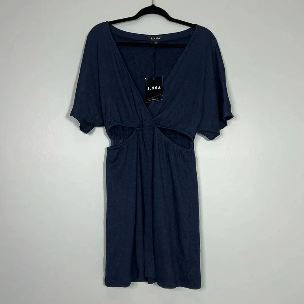 J.NNA Navy Blue Midi Dress - Size Medium - NWT - Deep V Neck, Midriff Cutouts